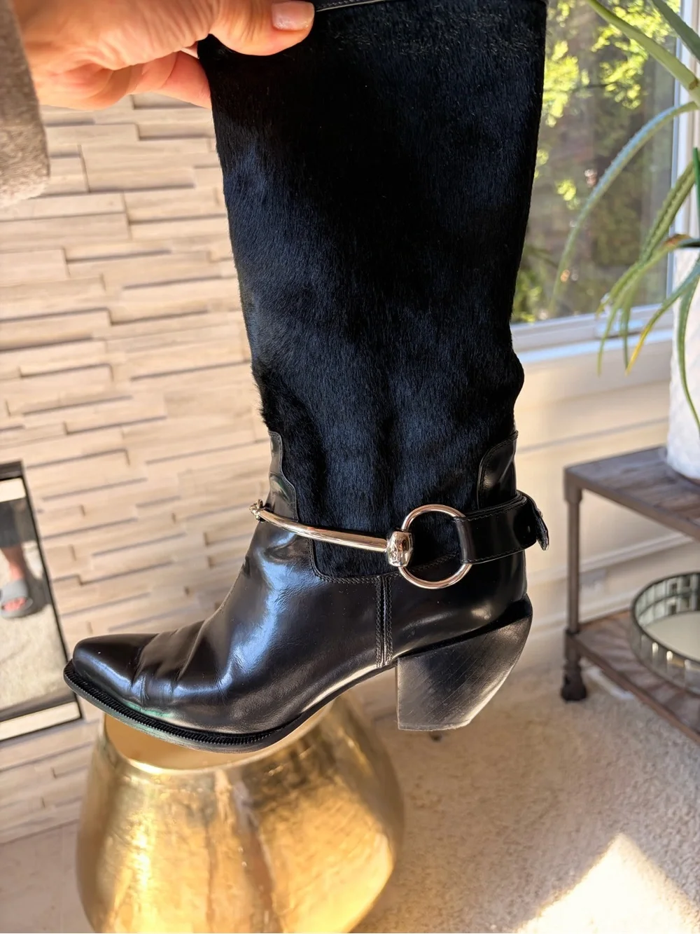 Donald J. Pliner Black Mid-Calf Leather and Cowhide Heeled Boots - Picture 8 of 10
